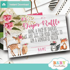 rustic woodland diaper raffle tickets decorations theme pink flowers girl forest animals