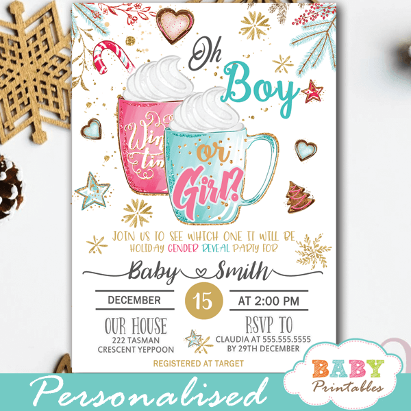 hot cocoa holiday christmas gender reveal invitations winter theme he or she