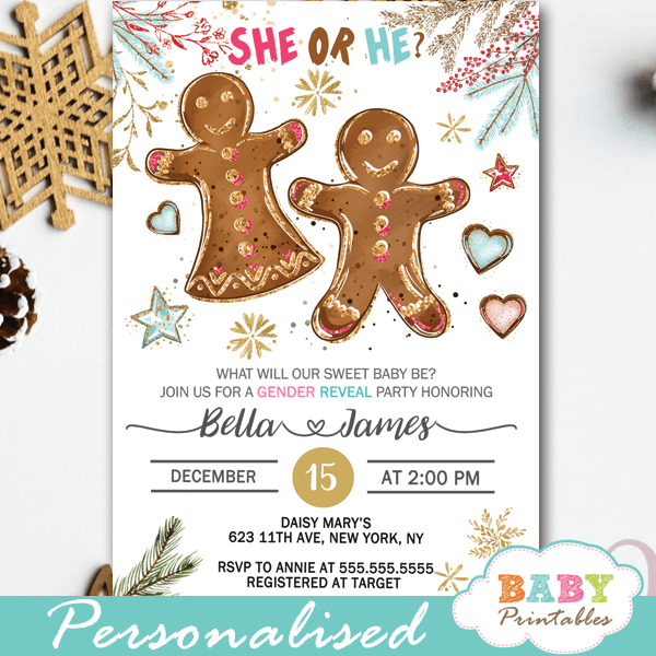 christmas gingerbread gender reveal invitations winter holiday theme he or she