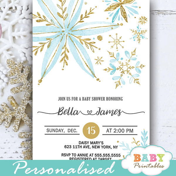 baby blue and gold snowflake baby shower invites boy winter theme