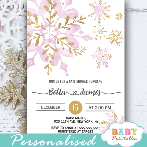 pink and gold snowflake baby shower invites winter theme