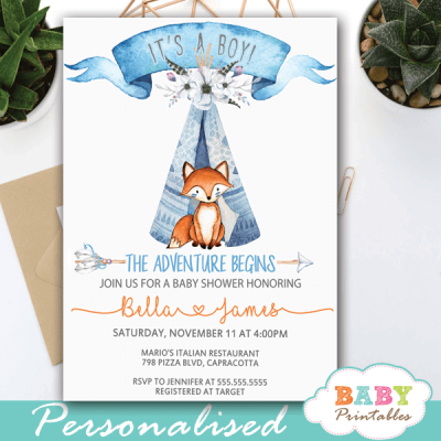 Woodland Tribal Fox Baby Shower Invites Boy – D243 - Baby Printables