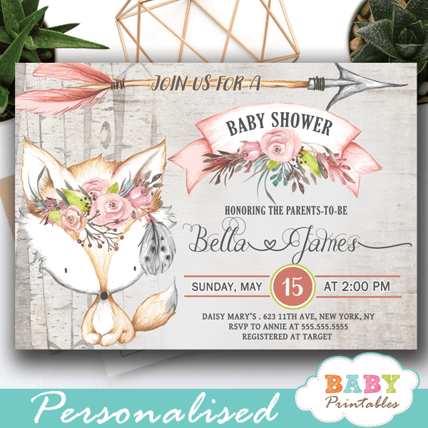 Woodland Girl Fox Momma & Baby Printable Baby Shower Invitation Editable PDF 