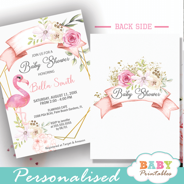 flamingo baby shower invitations pink flowers gold geometric summer theme