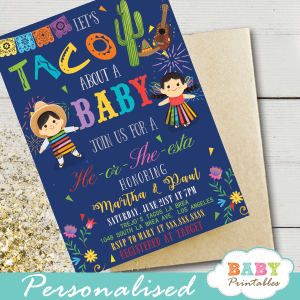 fiesta gender reveal invitations Mexican rag dolls taco about a baby