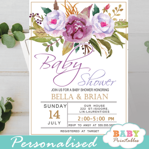 purple peonies floral baby shower invitations spring flowers greenery lavender it's a girl