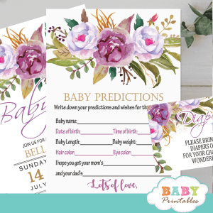 watercolor purple peony floral baby shower games spring garden theme baby predictions