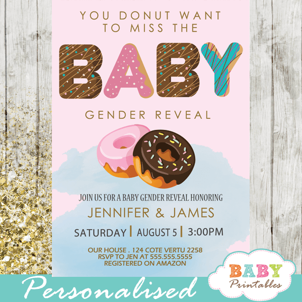 Personalised Doughnuts Baby Gender Reveal Party invites Inc Envelopes  BA81