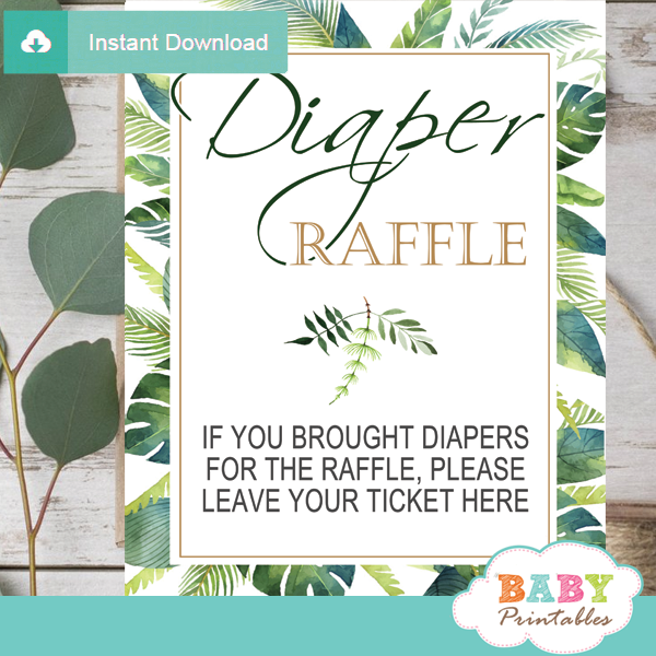 diaper raffle table signs greenery tropical baby shower
