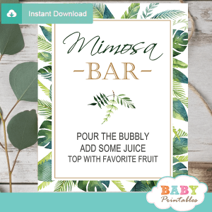 mimosa bar table signs greenery tropical baby shower