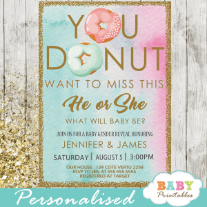 he or she gender reveal invitations donut theme pink or blue boy or girl
