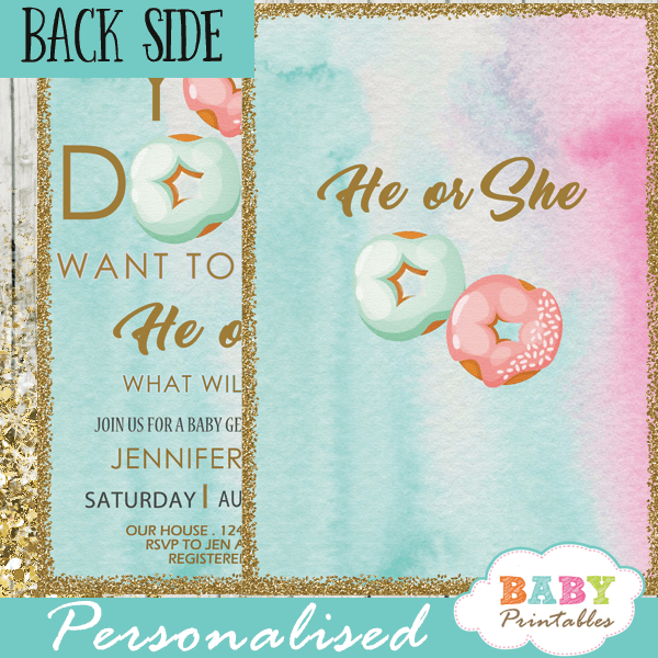 he or she gender reveal invitations donut theme pink or blue boy or girl ideas