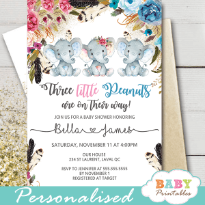 elephant baby shower invitations for twins triplets boho floral pink blue