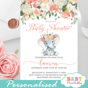 coral cream elephant baby shower invitations gender neutral peach theme