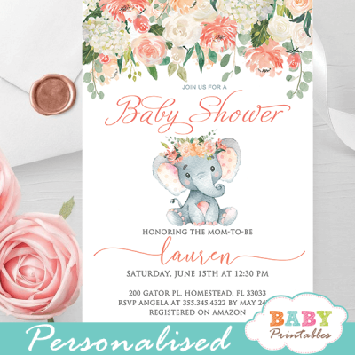 Coral Cream Elephant Baby Shower Invitations – D423 - Baby Printables