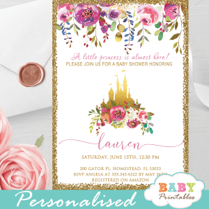 floral pink gold princess baby shower invitations girl castle