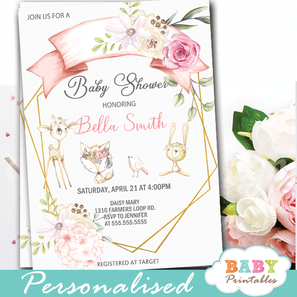 geometric floral woodland baby shower invites forest animals girl theme