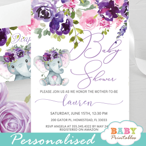 pinp purple lavender roses elephant baby shower invites girl floral