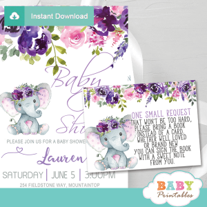 lavender roses elephant book request cards floral invitation inserts floral pink purple