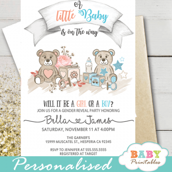 Teddy Bear Gender Reveal Invitations – D375 - Baby Printables