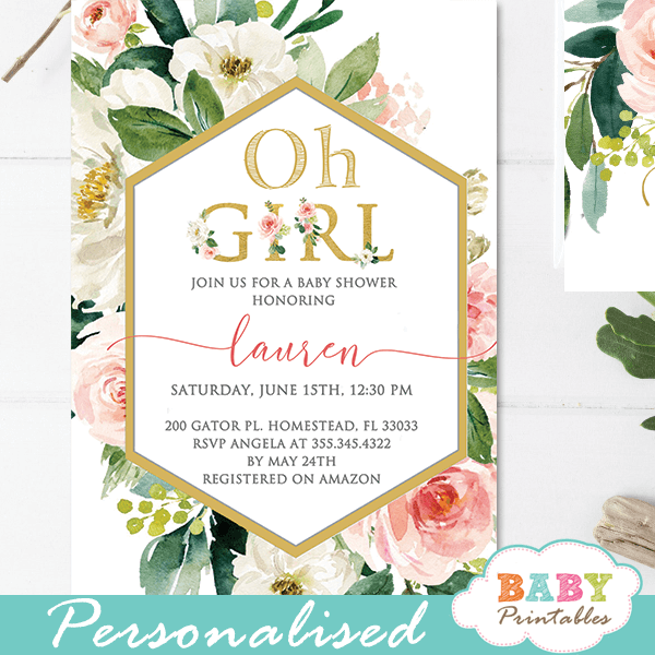 gold geometric frame blush white flowers baby shower invitations girl green foliage