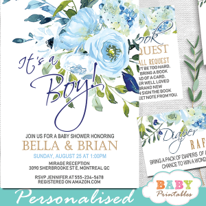 floral blue roses baby shower invitations boys gold