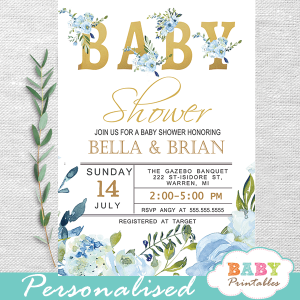 floral blue roses baby shower invitations boys gold greenery