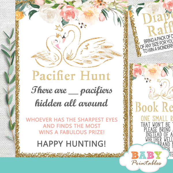 swan baby shower games floral pink gold theme
