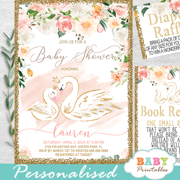 swan baby shower invitations floral pink gold theme