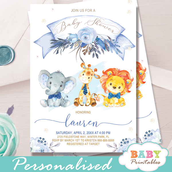 floral blue safari baby shower invitations jungle animals boy theme bow tie