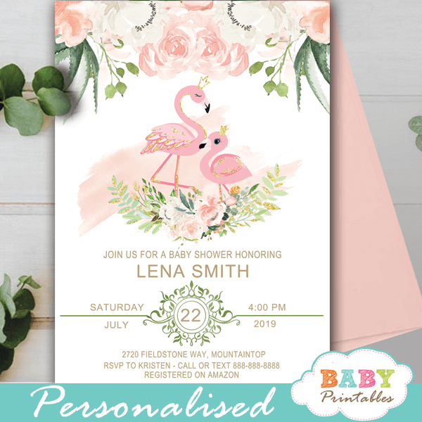 flamingo baby shower invites floral ivory blush pink gold girl theme