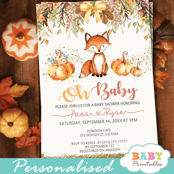 fall theme fox baby shower invitations pumpkin autumn