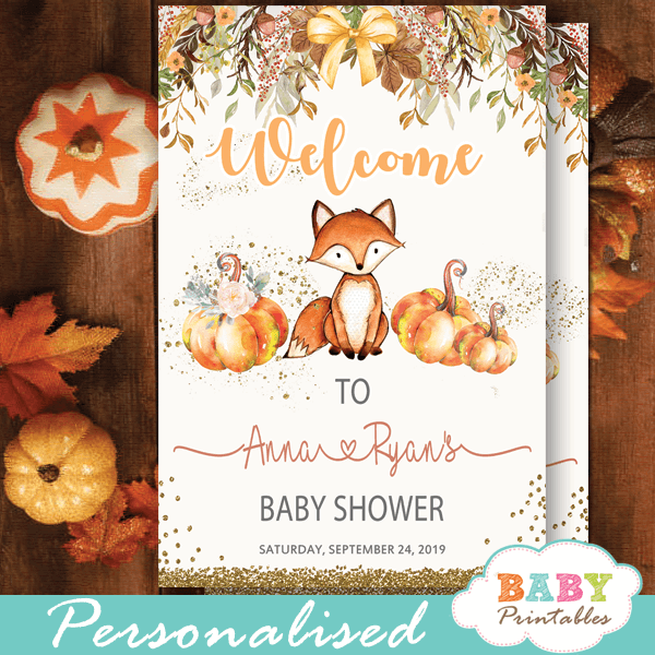 fall theme fox baby shower signs floral pumpkin welcome