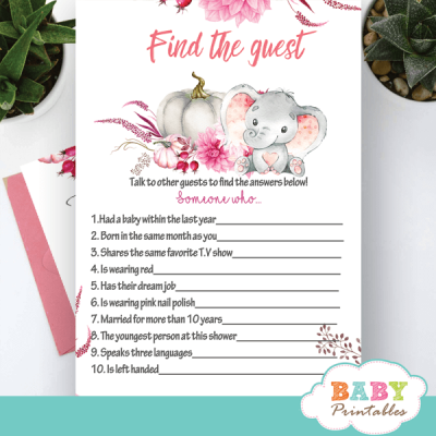 Burgundy Fall Pumpkin Elephant Baby Shower Games – D348 - Baby Printables