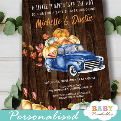 Fall Barnwood Blue Truck Pumpkin Baby Shower Invites – D502 - Baby ...