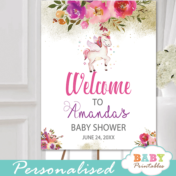 unicorn baby shower signs pink floral theme ideas girl