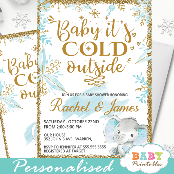 blue gold snowflake baby it's cold outsdie elephant baby shower invitations winter theme