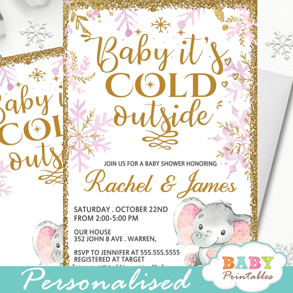 pink gold snowflake baby it's cold outsdie elephant baby shower invitations winter theme