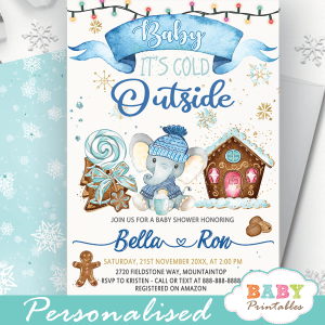 holiday gingerbread cookies blue elephant baby it's cold outside invites winter baby shower theme boys