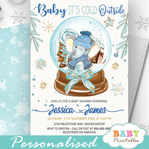blue elephant snowglobe baby it's cold outside invites baby shower boy winter theme