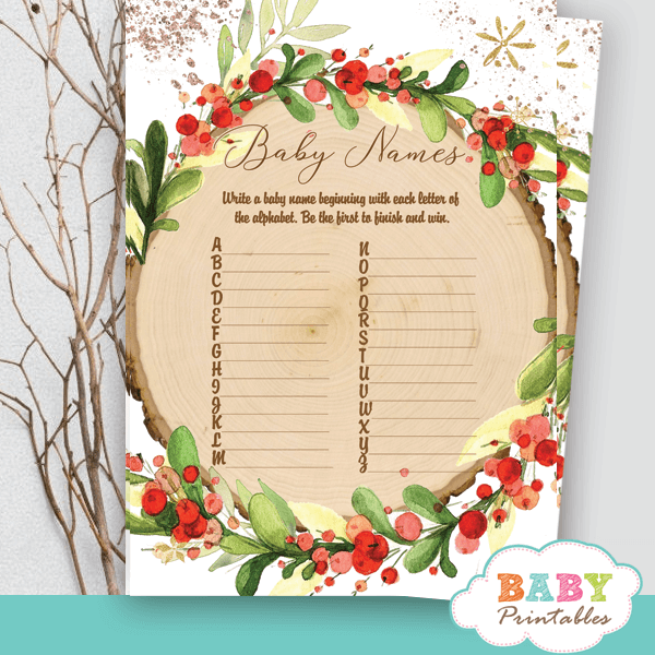red berry wreath rustic wood slice baby shower games winter holida christmas theme
