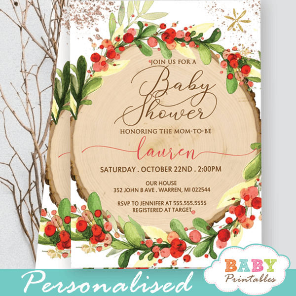 red berry wreath rustic baby shower invites christmas woodland theme gender neutral
