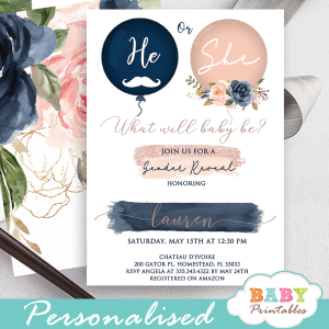 he or she gender reveal invitations blush pink navy balloons gold baby theme