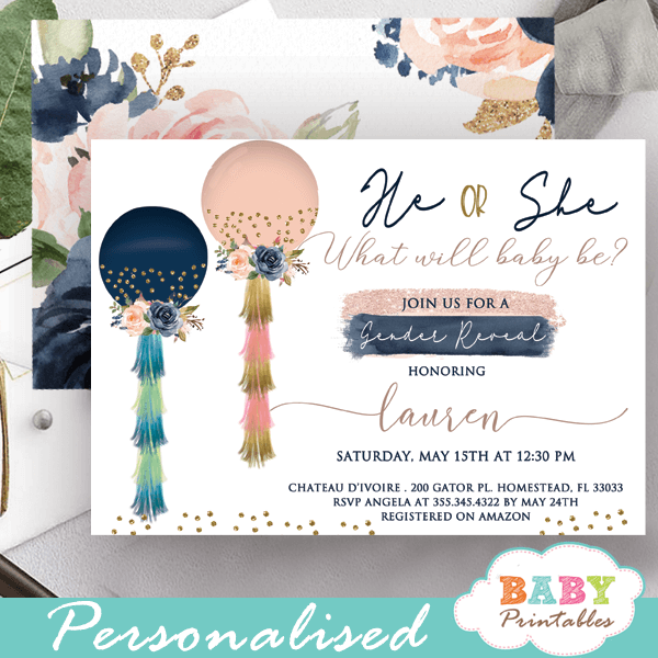 he or she what will it be invitations blush pink navy balloons tassel garland gender reveal ideas