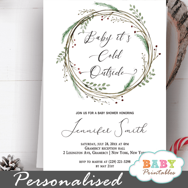 modern winter greenery wreath baby it's cold outside invitations gender neutral baby shower