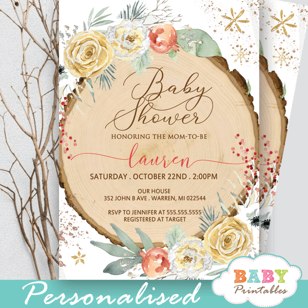 floral rustic wood slice winter wonderland invitations gender neutral baby shower