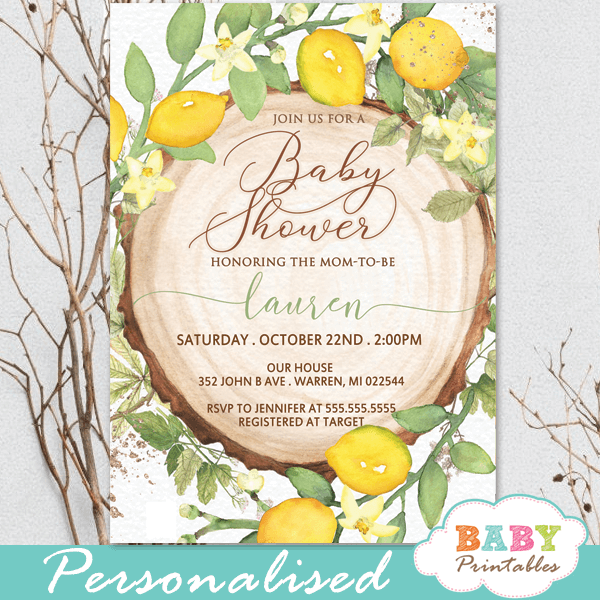 gender neutral rustic wood slice lemon baby shower invites