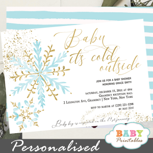 blue gold snowflake baby its cold outside invites boy