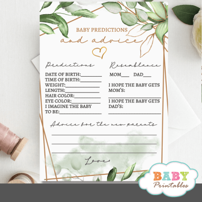 Gold Geometric Frames Greenery Baby Predictions and Advice Cards – D495 ...