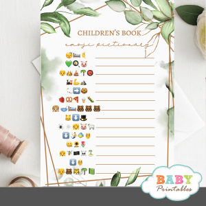 Gold Geometric Frames Greenery Childrens Books Emoji Pictionary game baby shower